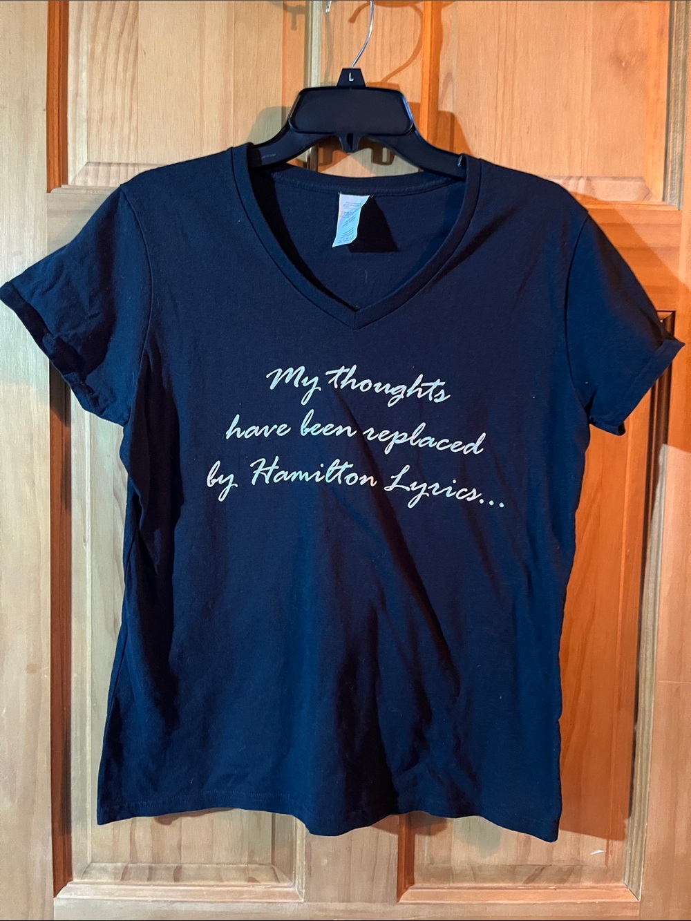 Women's Black V-Neck Tee with Script Text